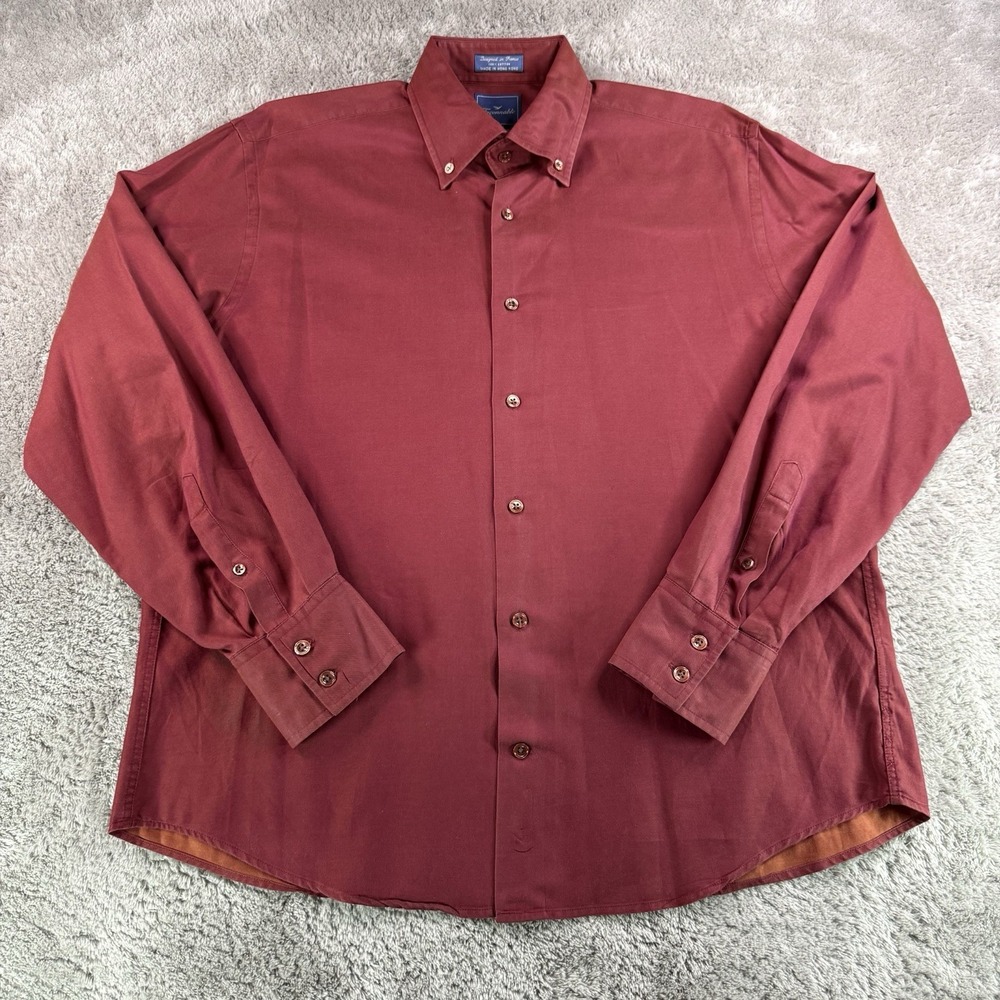 Faconnable Vintage Mens M Burgundy Button Down Shirt 100% Cotton Made Hong Kong